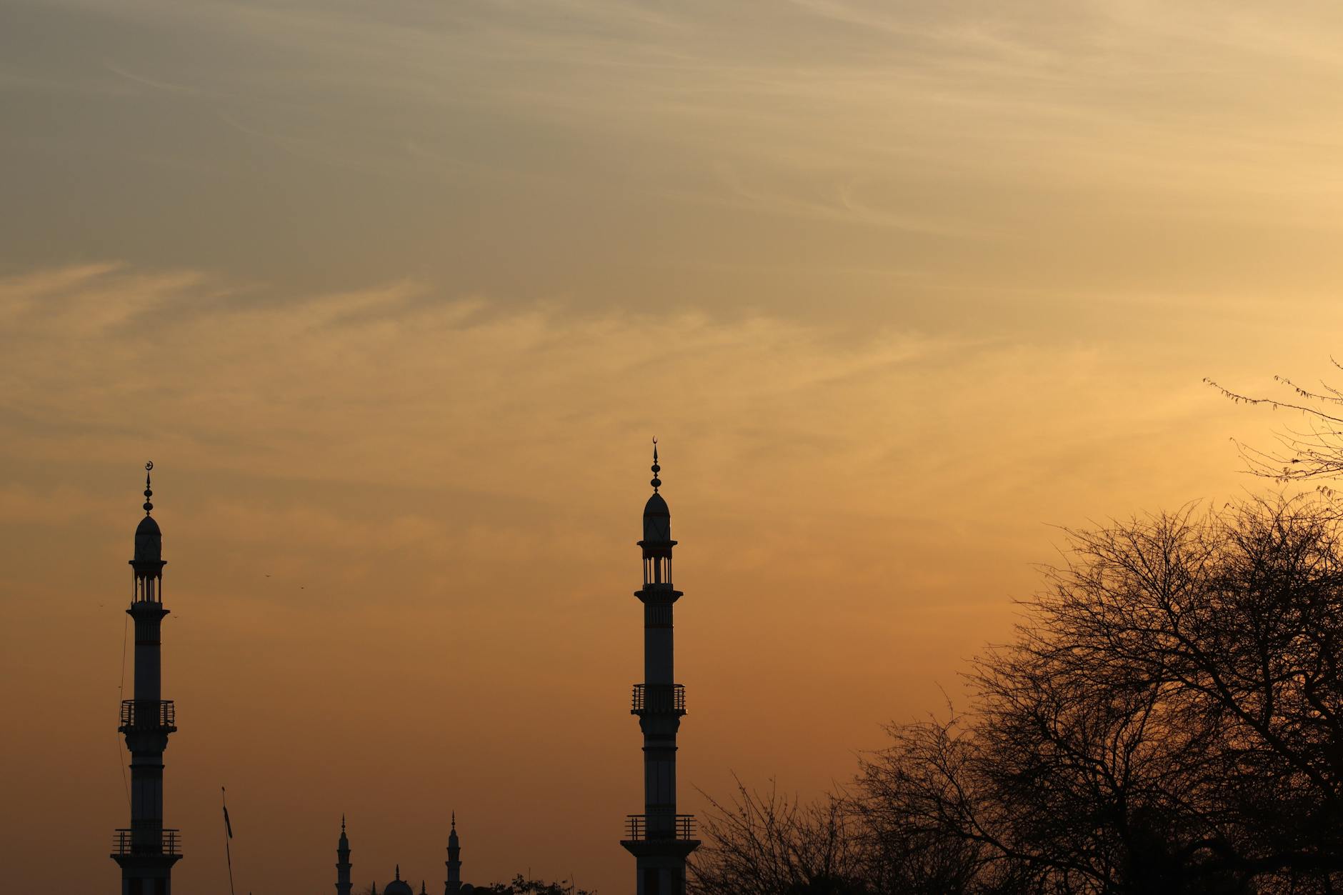 Wieczorne niebo nad miastem z minaretami i nagimi drzewami