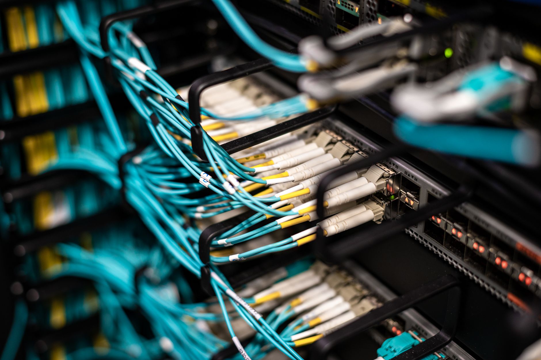 Plątanina kabli sieciowych w panelu krosowym w nowoczesnym data center